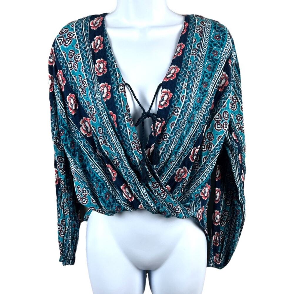 Hollister Top Hi Low Twist Front Floral Printed Long Sleeve Tassel Tie Womens XS